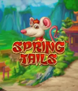 A charming illustration of a white rat dressed in traditional Chinese attire standing in a vibrant landscape with mountains. The image promotes the Spring Tails Slot by Betsoft, highlighted with striking gold and red logo lettering.