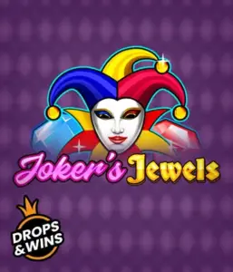 Experience the colorful charm of the Joker's Jewels game by Pragmatic Play, featuring a captivating joker's mask adorned with a multicolored jester hat. This graphic conveys the fun and excitement of traditional joker games, set against a purple background. Great for fans of joker-themed slots, delivering a thrilling adventure. 