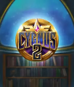 Experience the enchanting artwork of ELK Studios' Cygnus 2 Slot, showcasing a spectacular golden emblem with a shining design in purple and gold. With a backdrop of a mystical library setting, this image conjures the theme of exploration and mystery. 